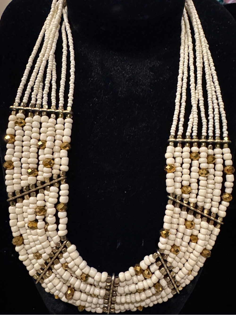 Ethnic Multi-Strand Collar Necklace w/ Cream and Gold-Tone Beads & Spacers